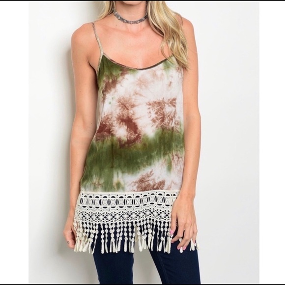 Olive Tie Dye Fringe Top with Embroidery - Picture 1 of 4